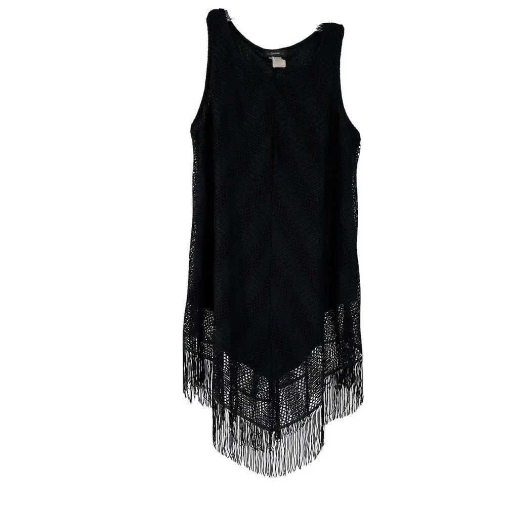 Black Fringe Tunic Crochet Lace Size S Boho Festival Cocomo Sleeveless Stretch